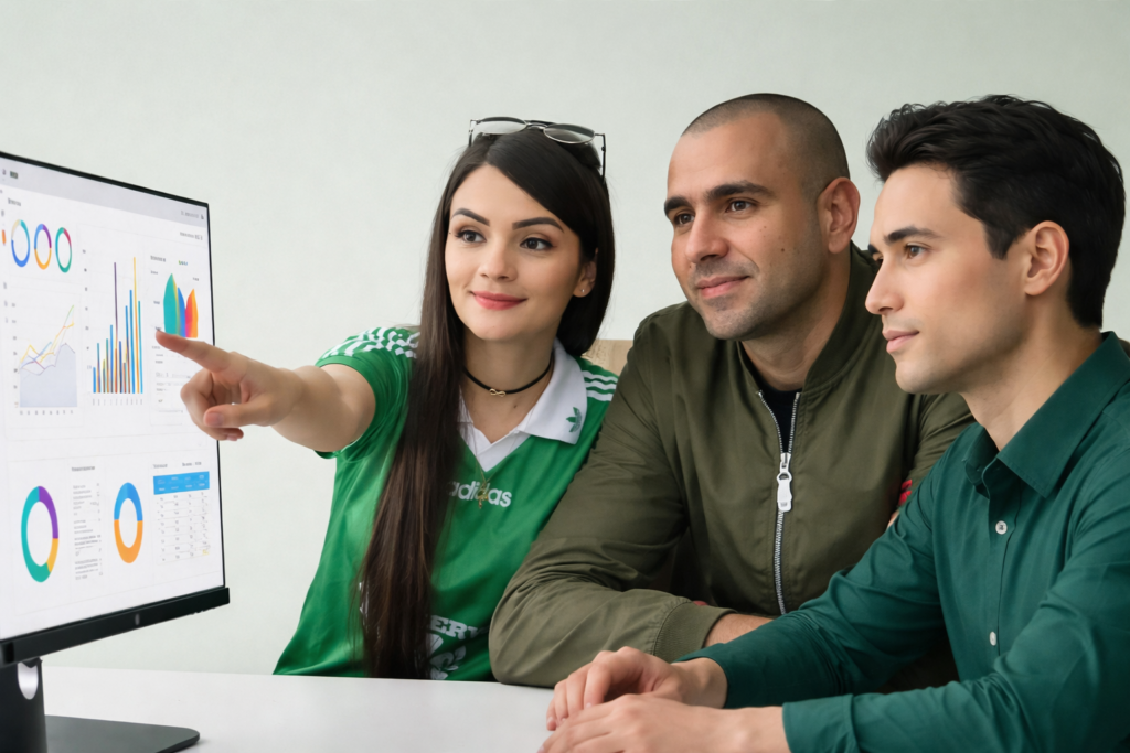 Profesionales analizando gráficos en equipo